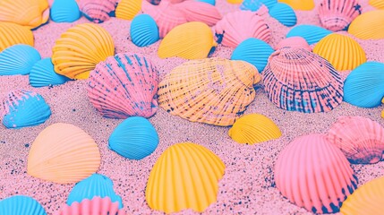 Wall Mural - Close up photograph showcasing a diverse assortment of vibrant seashells on sandy beach terrain