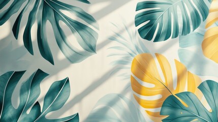 Poster - 3D mural wallpaper featuring hand drawn tropical leaves and abstract art on a light background with retro pattern shapes