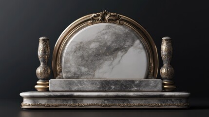 Poster - 3D depiction of an exquisite marble luxury plaque on an intricately carved pedestal featuring gold accents