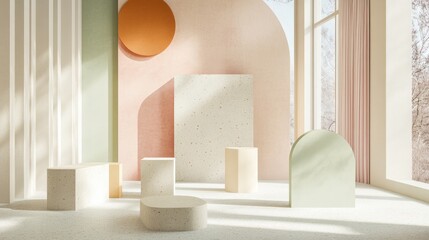 Aufkleber - 3D rendering of a contemporary mockup featuring an abstract geometric background a blank template for minimalistic showcases simple shapes and an Art Deco inspired display with pastel colors