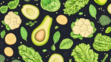 Poster - Assortment of Fresh Green Vegetables and Fruits on Dark Chalkboard Background Includes Cauliflower Avocado Spinach Lettuce Green Apples and Herbs Vegetarian Cuisine Healthy Eating Detox Food Conce