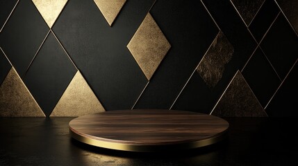 Aufkleber - Abstract Elegant Wooden Gold Podium on Gold Triangle Background Empty Round Wood Product Stand on Black Background 3D Rendering