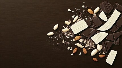 Poster - Broken Pieces of Real Chocolate with Nuts on Wooden Background
