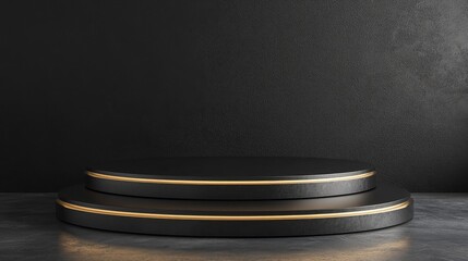 Poster - Abstract black and gold luxury podium featuring a stylish futuristic design for product display and an elegant round stage suitable for awards in a modern 3D rendering