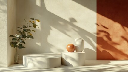 Aufkleber - Abstract geometric arrangement casting shadows on a wall showcasing a luxurious summer interior aesthetic 3D rendered pedestal for business presentation