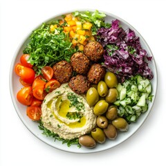 Poster - A vibrant plate of fresh vegetables and falafel. With an array of colors, this dish features hummus, olives, and ripe tomatoes. Perfect for healthy eating and Middle Eastern cuisine. AI