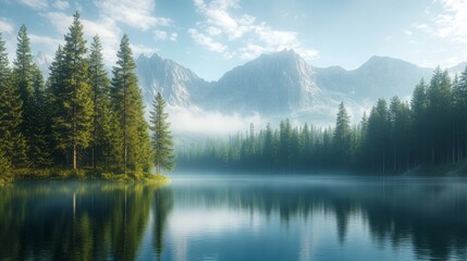 Poster - A serene and peaceful scene of a lake surrounded by trees and mountains