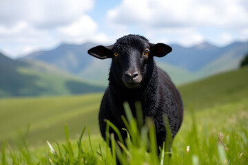 Black sheep in the valley standing on a green meadow. 