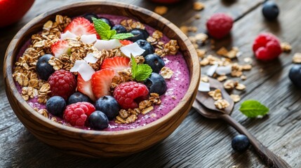 Poster - Fresh Fruit and Granola in a Wooden Bowl