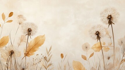 Aufkleber - 3D mural wallpaper featuring brown and golden dandelions and leaves against a soft beige backdrop