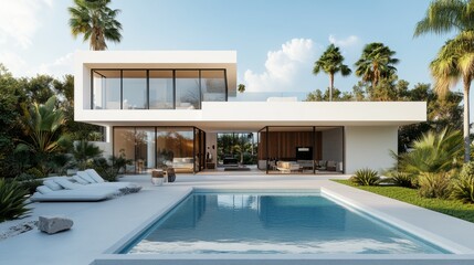 Poster - A large white house with a pool and a large glass window