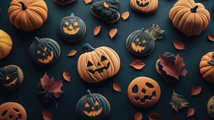 Aufkleber - 3D illustration of decorated pumpkin cookies on a dark background arranged in a flat lay style