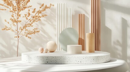 Poster - 3D rendered podium with geometric shapes for product display featuring an abstract pastel white background