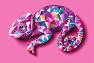 Colorful geometric chameleon artwork on a vibrant pink background, showcasing intricate details and vibrant colors.