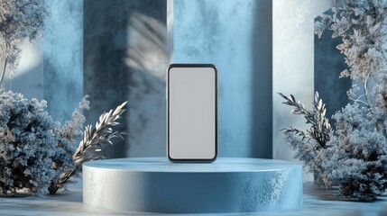 Aufkleber - 3D rendered illustration of a smartphone featuring a blank screen positioned on a podium complemented by abstract geometric shapes in the background Modern and trendy design in blue and silver hue