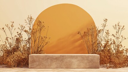 Aufkleber - Brown arc on a light orange pedestal with dried vegetation Minimalistic and natural design 3D rendering