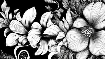 Poster - Abstract floral design featuring fantasy blooms monochrome sketches and intricate doodle like plant illustrations