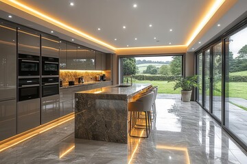 stylish modern kitchen design featuring an island and modular storage solutions illuminated by natural light and showcasing sleek lines and innovative uses of space