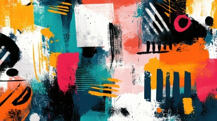 Aufkleber - Colorful abstract grunge painting featuring rough hand drawn geometric shapes and line art Ideal for mural textile and fabric design with a unique brushstroke pattern