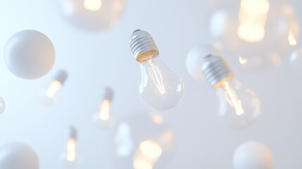 Poster - A Single Lit Light Bulb Surrounded by Blurred Light Bulbs and Spheres