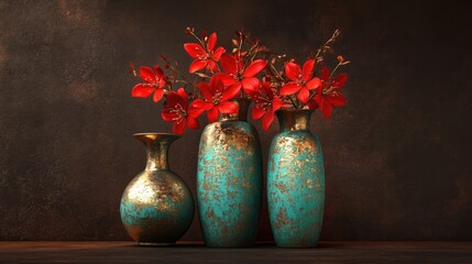 Aufkleber - 3D rendering of turquoise and gold vases featuring red flowers against a dark brown backdrop Digital artwork suitable for wall decor