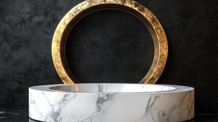 Aufkleber - 3D rendering of a white marble pedestal with a golden circular frame