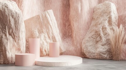 Aufkleber - Abstract pastel geometric shapes in a stone and rock texture background minimalist mockup suitable for podium display or showcase 3D rendering