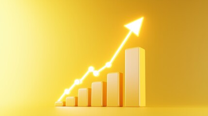 Poster - A vibrant yellow 3D bar chart with a glowing upward arrow, representing business growth, financial success, and progress. Ideal for visualizing data trends, economic performance, or positive momentum.