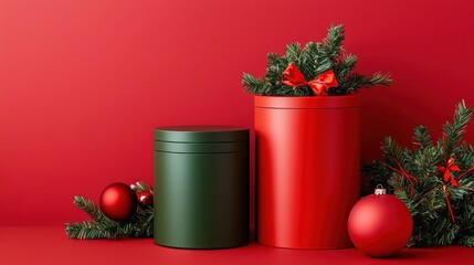 Wall Mural - Festive red background with holiday-themed gift containers and ornaments, perfect for Christmas celebrations.