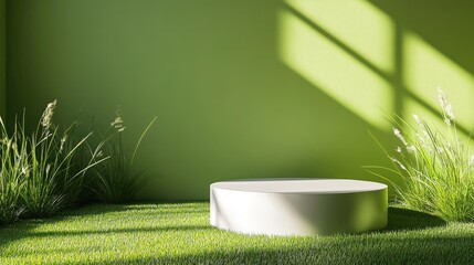 Poster - 3D podium display with a green background featuring natural grass and sunlight shadows Minimalist nature pedestal for beauty and cosmetic product showcasing Seasonal landscape banner template rend