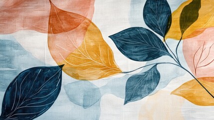 Aufkleber - Abstract painting of leaves featuring modern line art and watercolor stains Minimalist design ideal for home decor wall art and social media backgrounds