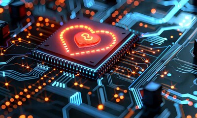 Poster - exploring the fusion of technology and emotion through heart-themed circuits in a modern digital env