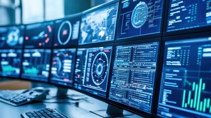 Poster - High-tech control room featuring multiple screens with data visualizations and interfaces.