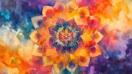 Aufkleber - Abstract watercolor texture featuring sacred geometry A creative pattern for graphic design showcasing vibrant multicolored kaleidoscopic elements in a liquid oil painting style