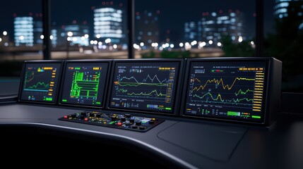 Poster - High-tech monitoring control room with multiple screens displaying data analytics and graphs at night.