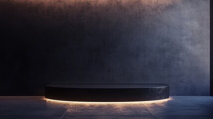 Poster - 3D rendering illustration for promotional use Display stand set against a dark backdrop A solitary illuminated black podium Unoccupied display area