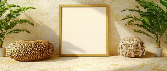 Indoor scene featuring a blank frame on a textured wall, surrounded by decorative plants and woven accents.