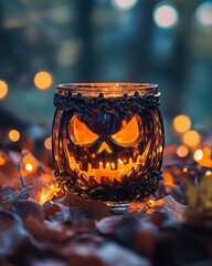 glass candle holder with Jack head against a background of lights and leaves