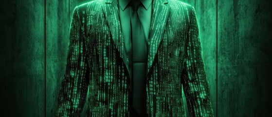 Mysterious figure in a digital suit, glowing with green binary codes, evoking futuristic themes.