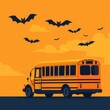 © JAKE STUDIO - Orange school bus with bats flying in an orange sky, spooky Halloween theme.