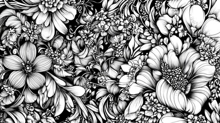Aufkleber - Abstract floral design featuring fantasy blooms monochrome sketches and intricate doodle like plant illustrations