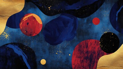 Aufkleber - Abstract Art Illustration In Dark Blue Black Red And Purple With Gold Organic Texture On Canvas Oil Colors Modern Wallpaper Design Featuring Asteroid Shapes