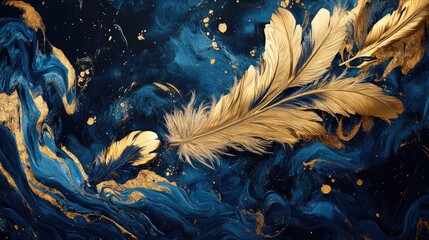 Poster - 3D modern art mural featuring a dark blue backdrop embellished with golden feathers and vibrant marbled mountains ideal for home wall decor