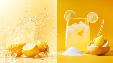 Wall Mural - fresh lemonade with lemon wedges and water splash on a yellow background.