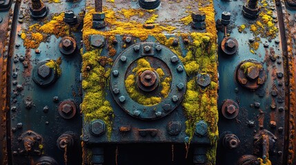 Poster - Close up Image of an Aged Abandoned Machine Featuring a Colorful Moss Covered Metal Surface and Rusted Rivets