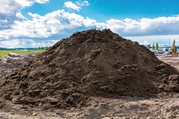 A large mound of brown soil against a blue sky with white clouds