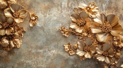 Aufkleber - 3D printable wallpaper mural featuring an abstract design with gold flowers and textured background ideal for luxurious wall decor