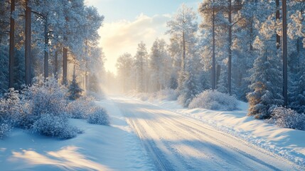 Poster - A snowy road with trees in the background