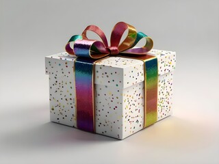 beautiful square gift box,beautiful ribbon on top with rainbow glitter,white background,realistic. Ultra HD, highly detailed, sharp, 8k resolution, cinematic lighting. Front view.