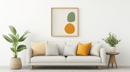 Pillows with geometric patterns arranged on a modern sofa, paired with abstract art and neutral-colored decor, 3D illustration